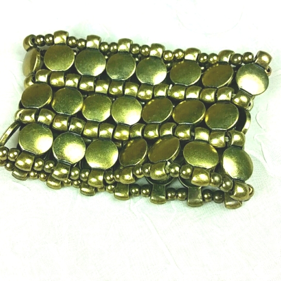 Mobwife Polished Brass Wide Stretch Bracelet 2" Statement Chunky Retro Boho Cuff - Picture 4 of 4